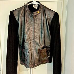 Vintage Twiggy Black Leather/Wool‎ Bomber/Biker Jacket Sz. Small Red stitching
